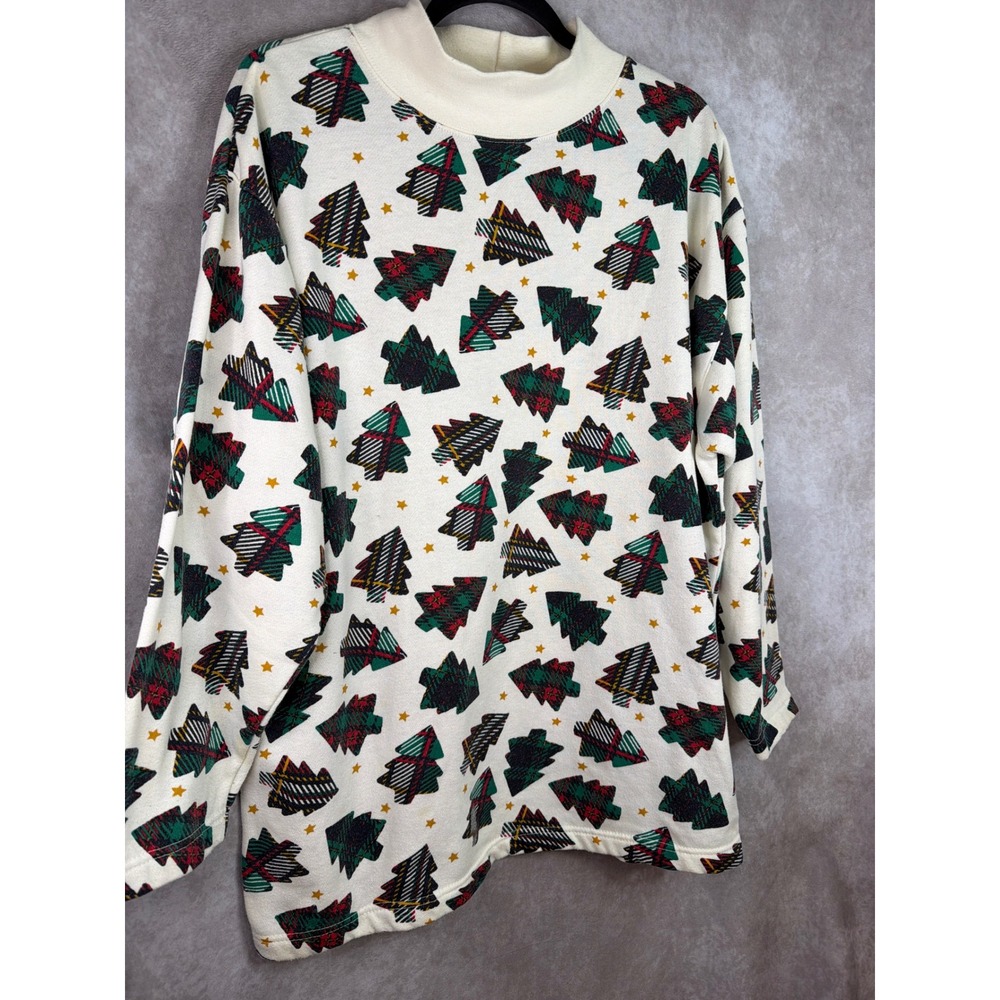 VTG 90s Bold Spirit Christmas Tree Sweatshirt Womens XL Cream Plaid Mock Neck - Picture 2 of 6
